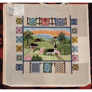 Hand-Painted Needlepoint Canvas Farm Scene with Quilts on Fence Border 13"x13"
